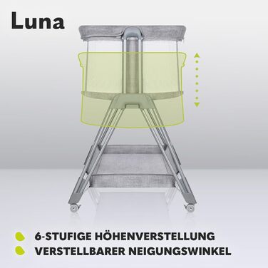 Ліжечко-колиска Lionelo Luna EIN з матрацом, переносне, для новонароджених до 9 кг, регульоване по висоті і нахилу, 4 колеса з гальмами, кріплення до ліжка батьків, сіре