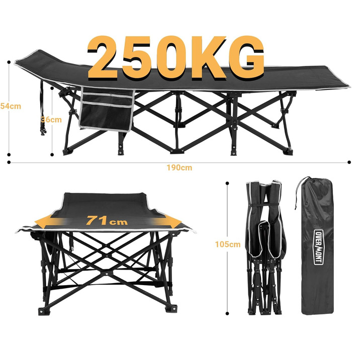 Складане польове ліжко Overmont 190×71×36 см, до 250 кг, 2400D Оксфорд, з бічною кишенею і сумкою для перенесення, для кемпінгу, саду та офісу