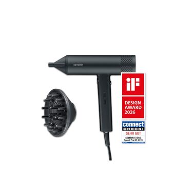 Іонізуючий фен для волосся Severin S-Style Speed Pro HT 0171 з BLDC-мотором, дифузором та концентратором, 2000 Вт, матовий чорний