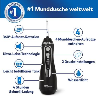 Waterpik Advanced Бездротова Іригатор для Рота, Тестер-Переможець 2024, Технологія Precision Pulse, до 99,9% видалення нальоту, 4 насадки, 3 режими, Індукційна зарядка, Білий (Cordless Advanced Black)