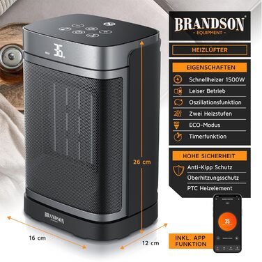Керамічний обігрівач Brandson з Wi-Fi, тихий, енергозберігаючий, з пультом керування, функцією осциляції, ECO-режимом, дитячим замком та таймером – для ванної, вітальні, офісу, дитячої кімнати