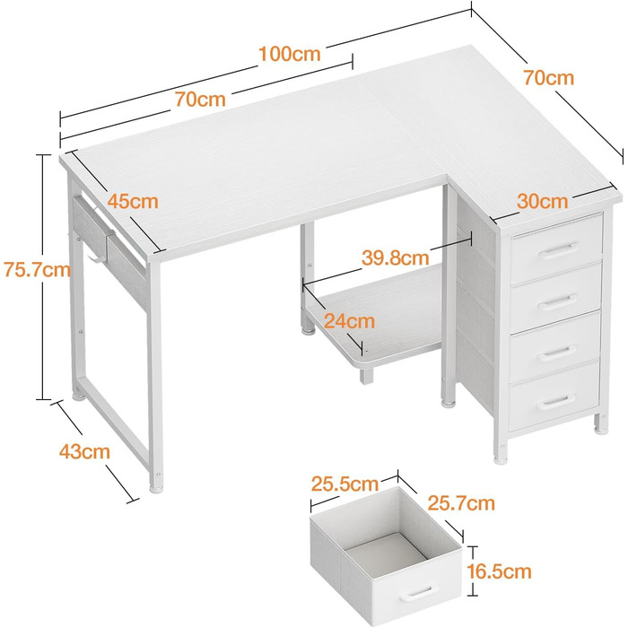 Кутовий письмовий стіл Coleshome L-подібний, 100x70 см, з 4 шухлядами, реверсивний комп'ютерний стіл для офісу та спальні, білий