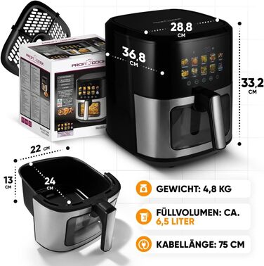 Аерофритюрниця ProfiCook 6,5 л з кольоровим дисплеєм, 9 програм, 1700 Вт, без олії, нержавіюча сталь, модель 2024