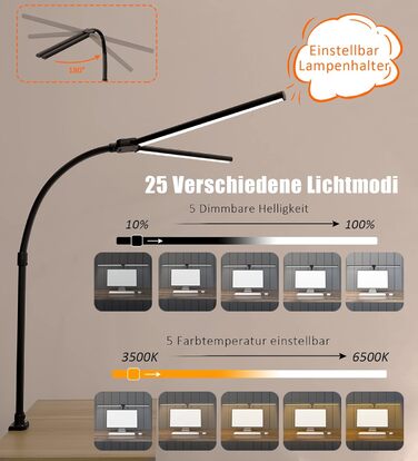LED настільна лампа LOTTBUTY з гнушим шийкою, 24W, 80см, для офісу та дому, регулювання яскравості, денне світло, чорний колір