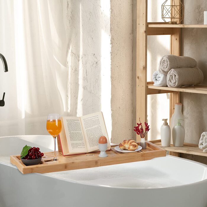 Підставка для ванни Relaxdays з бамбука, розсувна, з тримачем для книги, келиха, мила та аксесуарів, натуральний колір