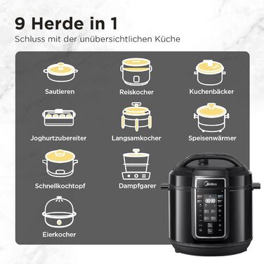 Мультиварка електрична Midea 9-в-1, 8 л, 12 програм, антипригарний, йогуртниця, рисоварка, пароварка, повільне приготування, нерж. сталь, чорна