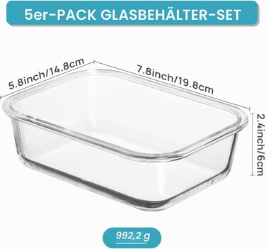 Набір скляних контейнерів для їжі Vtopmart з кришками, 5 шт по 975-1035 мл, термостійкі ланч-бокси для мікрохвильової печі, духовки та морозильника