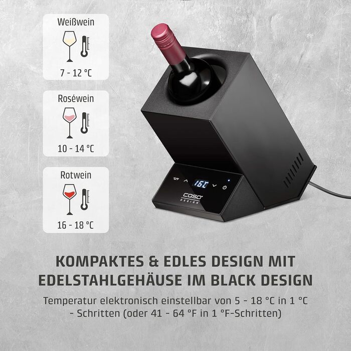 CASO WineCase One Black - Витримання вина: міні-холодильник для однієї пляшки, 5-18°C, діаметр до 9 см, сенсорне керування, чорне сталеве покриття