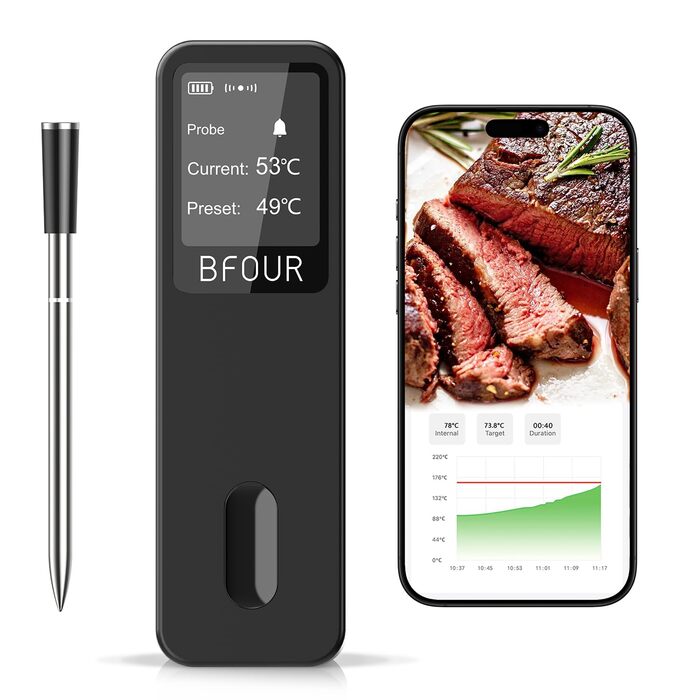 Бездротовий термометр для м'яса BFOUR 2025 з Bluetooth, подвійний сигнал, моніторинг через додаток, водонепроникний IP67, для гриля, печі, коптильні, ротатерії
