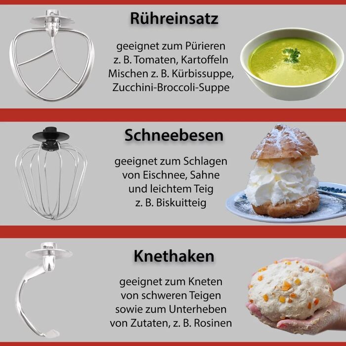 Кухонна машина Syntrox Germany Glumya 7 л, м'ясорубка, насадки для тіста та крему, нержавіюча сталь, LED-дисплей, 1300 Вт, червона