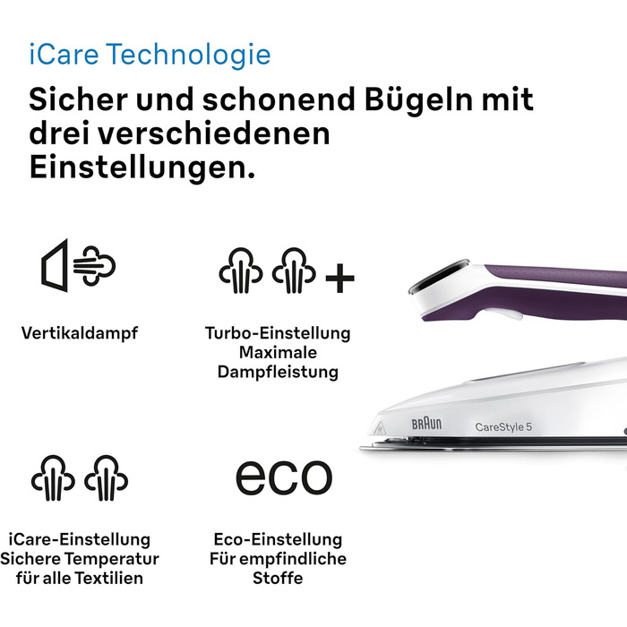 Парова система прасування Braun CareStyle 5 IS5247VI з технологією FreeGlide 3D, 2400 Вт, вертикальне прасування, резервуар 2 л, фіолетовий
