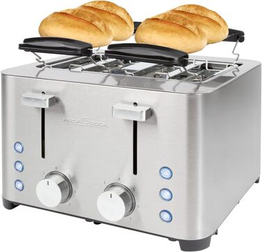 Тостер ProfiCook 4-слотовий, нержавіюча сталь, 1500 Вт, широкий слот, підставка для булочок, 7 режимів підсмажування, зйомна крихтова підставка, PC-TA 1252