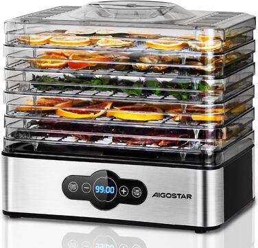 Дегідратор Aigostar Crispy 240Вт, 5 лотків, з таймером та терморегулятором, з нержавіючої сталі, для м'яса, овочів, фруктів, BPA-free