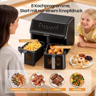 Аерофритюрниця LLIVEKIT 9L з двома камерами (2x4.5L), 8 програм, 4D конвекція, функція Sync-Finish, енергоощадна, PFOA-free, чорна