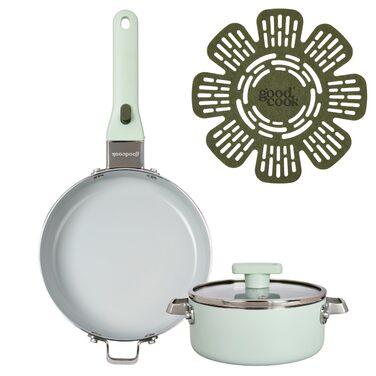 Набір посуду GoodCook Keramik 14 предметів з антипригарним покриттям, знімними ручками, для індукції та духовки, м'ятно-зелений (включає сковороду 20.3 см)