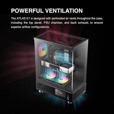 Корпус для ПК GAMDIAS Atlas E1 ATX Mid Tower з реальним монітором, 3 встановленими 120 мм ARGB вентиляторами, загартованим склом, високою вентиляцією, бічними отворами, чорний