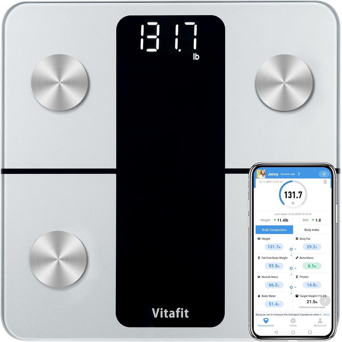 Ваги для аналізу складу тіла Vitafit з Bluetooth і додатком, вимірювання жиру, м'язової маси, ІМТ, білка, BMR, срібні