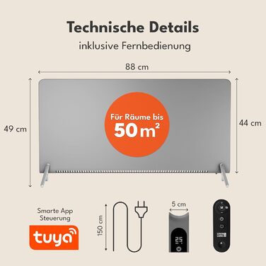 Електричний обігрівач-радіатор LEBENLANG 2000W з WiFi та керуванням через додаток, енергоощадний, сірий
