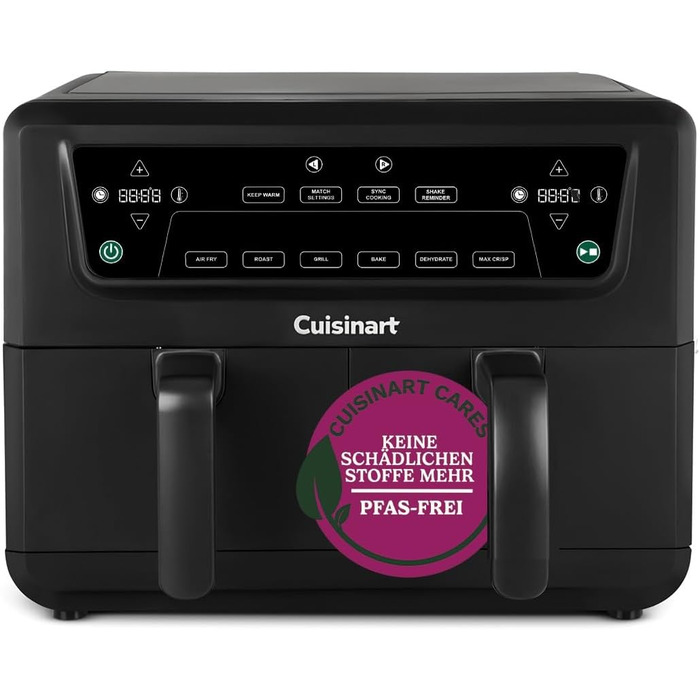 Фритюрниця Cuisinart XXL 10.4L з двома зонами, без PFAS та хімікатів. Брати, смажити, запікати, дегідратувати та підтримувати тепло. 2 камери (2 x 5.2L), 8+ порцій. Деталі придатні для миття в посудомийній машині. Чорний колір.