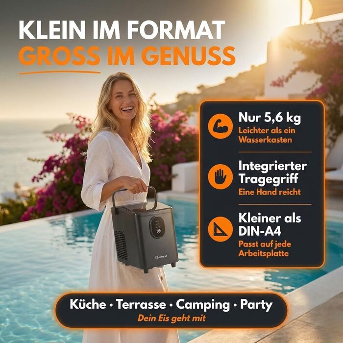 Sommertal EM12S Льодогенератор 12 кг/24 год: Машина для льоду з ручкою, швидке виробництво кулеподібного льоду (0,3 кг за 20 хв), тиха робота (50 дБ) для кухні, офісу та вечірок