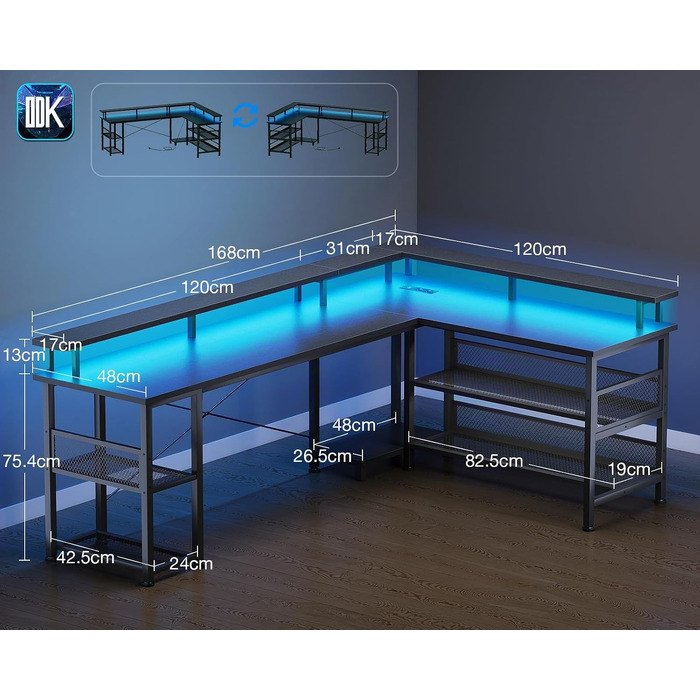 Ігровий кутовий стіл ODK з LED-підсвіткою та USB-портом, 168×120 см, вуглецеве волокно, чорний