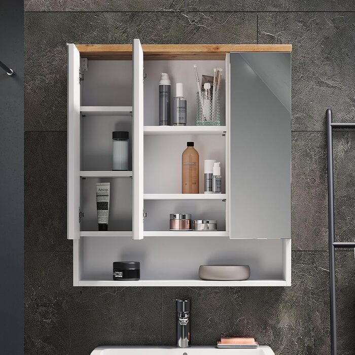 Дзеркальна шафа для ванної Vicco Eden, білий глянець/дуб Артизан, 70x77,5 см, 3 двері