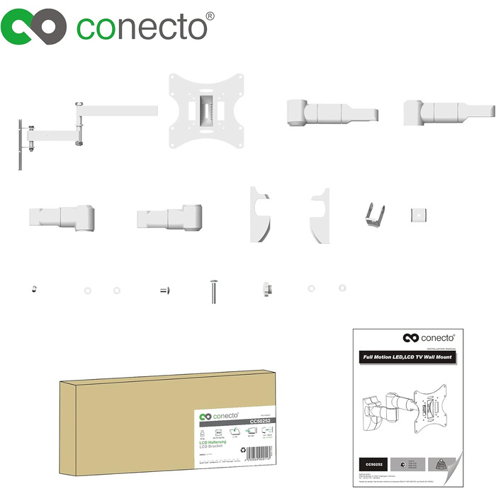Настінний кронштейн для моніторів та телевізорів connecto до 42 дюймів, поворотний (+/-90°) та нахильний (+/-20°), VESA 50x50-200x200, до 30 кг, білий, SA-CC50252-V2
