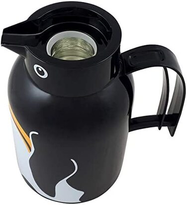 Термос Helios Thermoskanne Thermo-Bird Pinguin 1L, 6 годин, підтримує температуру напоїв, зручний вилив через носик, міцний пластик, чорний