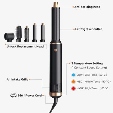 Mogawave Airstyler 5-в-1 Pro 1000W: Фен-щітка, стайлер для волосся з іонізацією (чорний)
