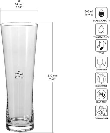Склянки для пива Krosno Biergläser 500 мл, набір 6 шт. Універсальні, елегантний дизайн 