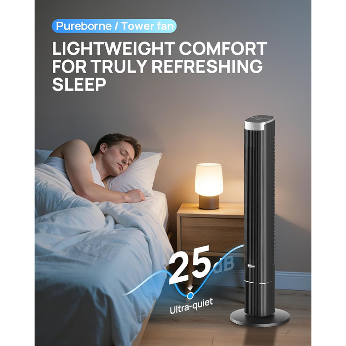 Вентилятор вежовий Leiser Smart 25дБ з осциляцією 90°, 4 режими, таймер 12 год, 109 см, чорний