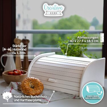 Дерев'яний білий хлібник Creative Home з роликовою кришкою 38x28,5x17,5 см – натуральна коробка для хліба, булочок та випічки для кухні