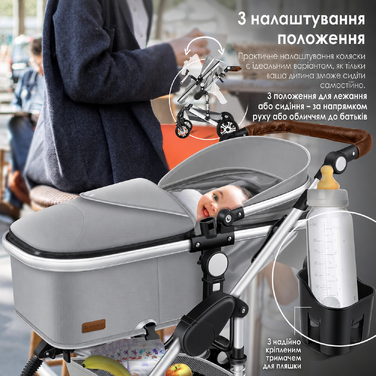 KESSER® Loops 3 в 1: Коляска-трансформер, комплект з люлькою, прогулянковим блоком та автокріслом. Повнорозмірні гумові колеса, сумка для підгузків, дощовик, дитячий столик. Відповідає стандарту ECE R129, сірий/сріблястий.