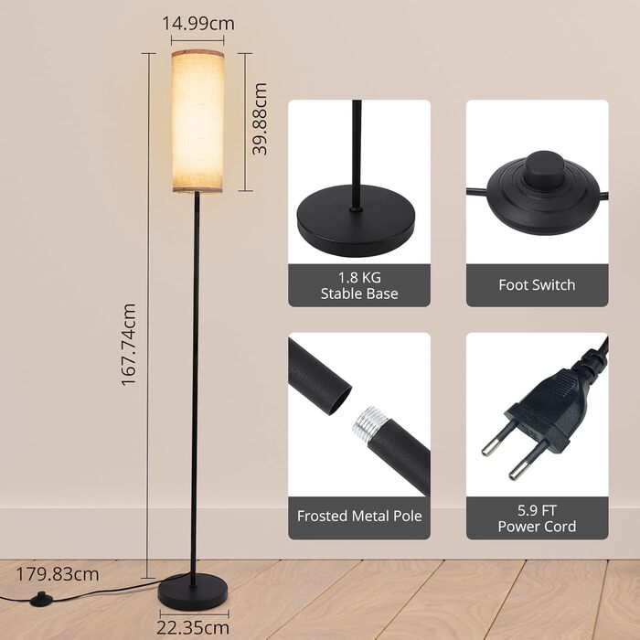 LED торшер Litake для вітальні, тканинний, димерований, RGB+CCT, 800 лм, керування пультом і додатком, з музичним режимом, сумісний з Alexa та Google Home, 2500K-9000K