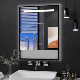 Дзеркало для ванної кімнати YU YUSING 80x60 см з підсвічуванням LED, 3 кольори світла, регулювання яскравості, антизапарник, сенсорне управління, таймер, загартоване скло, IP44 (чорний з полицею)