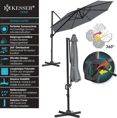 Сонячна парасолька KESSER XL 330 см, кругла, антрацит, з чохлом, вітрозахистом, 7-позиційне регулювання, нахил, обертання 360°, для саду, з крутилкою, захист від сонця UV50+