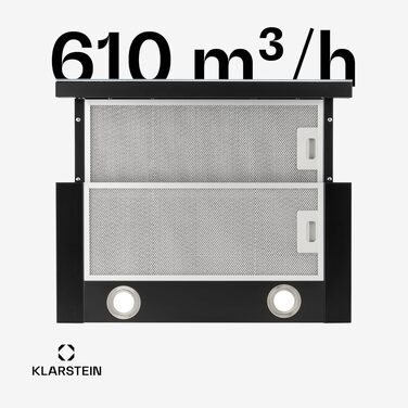 Витяжка для кухні Klarstein Vinea висувна, 60 см, потужність 610 м³/год, вбудована під навісну шафу, режим відведення та рециркуляції повітря, з підсвіткою та алюмінієвим фільтром, чорна
