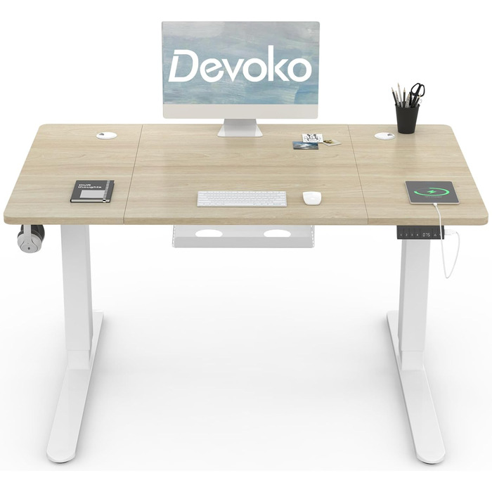 Електричний стіл Devoko 120x80 см з регулюванням висоти, USB зарядкою, 3-позиційною пам’яттю, антиколізійною системою, на колесах, колір дуб