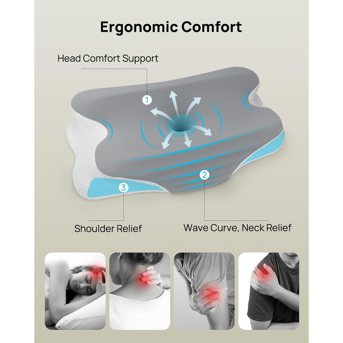 Подушка для шиї Feagar з Memory Foam, ергономічна, 2 висоти (8/12 см), сіра. Підтримка шиї та плечей