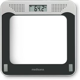 Medisana PS 425 – Розумна цифрова скляна вага з голосовим супроводом, 4 мови, автоматичне вимкнення, чорна/сіра, до 180 кг
