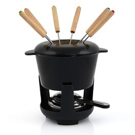 Набір для фондю BBQ-Toro з чавунного казана на 6 осіб, 1 л, 13 предметів (з пальником та вилками) для сиру, м'яса та шоколаду, чорний емальований