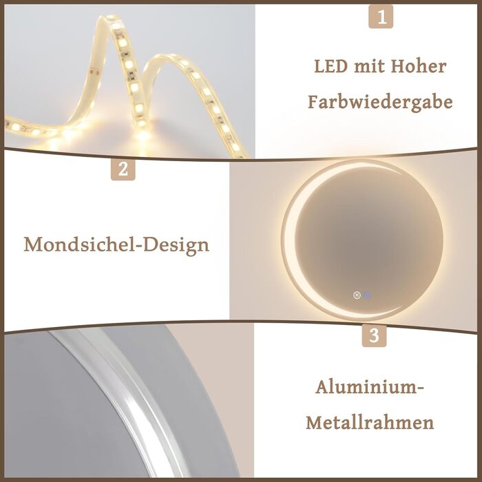 Круглий LED-дзеркало для ванної кімнати Mursche з підсвічуванням, 60 см, IP44, сенсорне регулювання, протизапотівальне покриття, 70x70 см