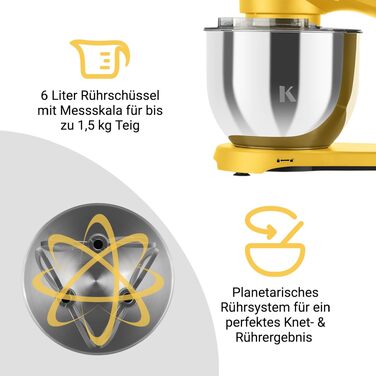 Кухонний комбайн KLAMER 1800W: планетарний міксер для тіста з чашею з нержавіючої сталі 6л, 10 швидкостей, таймером та набором насадок (Premium Yellow)