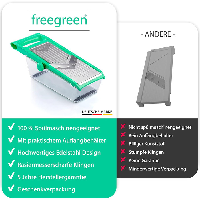 Овочерізка терка з нержавіючої сталі Freegreen Germany з V-подібним лезом та контейнером для збору, з тримачем для овочів