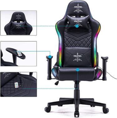 Ігровий крісло BRIGROS La voglia di fare Reaper з RGB підсвічуванням, регульованою спинкою та великим вибором кольорів (чорний)