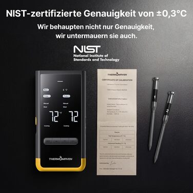 Розумний бездротовий термометр для м'яса ThermoMaven з базовою станцією, Wi-Fi та Bluetooth, 2 щупи (6 сенсорів), NIST-сертифікований, для смокера, духовки та BBQ, золотисто-жовтий