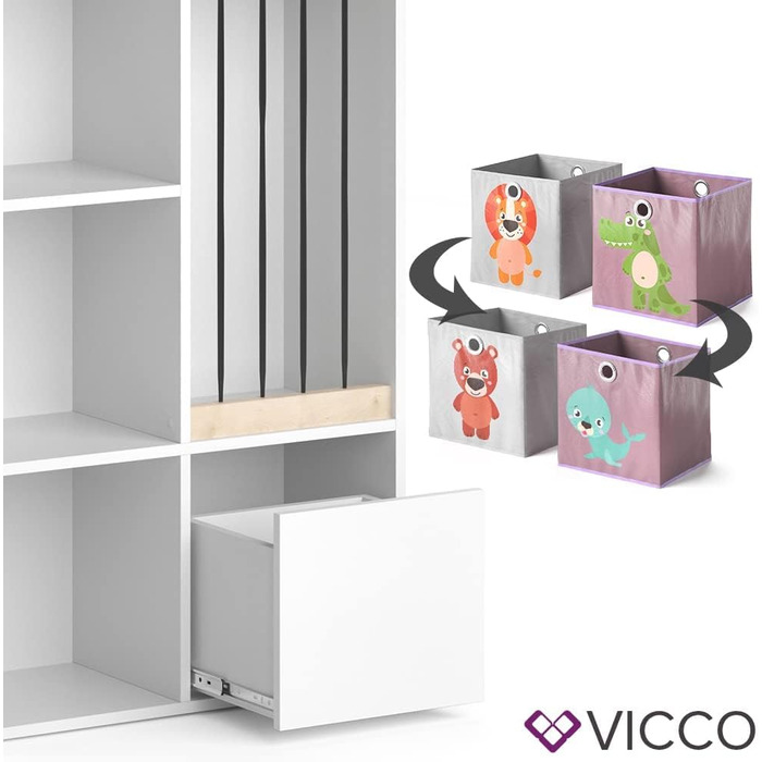 Дитяча полиця Vicco Luigi біла 72x107,8 см з 2 складними коробками, дизайн Опт.3 72x96, з коробками Собака/Кіт