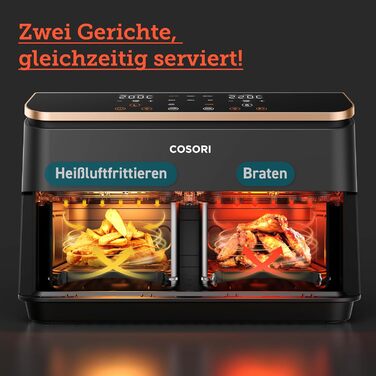 Фритюрниця з двома камерами Cosori AirFryer 8,5 л, 6-в-1, подвійна зона, з оглядовим вікном, енергозберігаюча, 50 рецептів, золота
