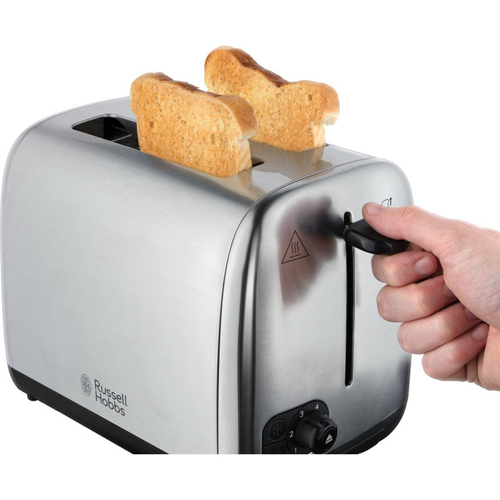 Тостер Russell Hobbs Adventure нержавіюча сталь на 2 тости, широкі слоти, підставка для булочок, 6 режимів, розморожування, підігрів, Lift & Look, 850W