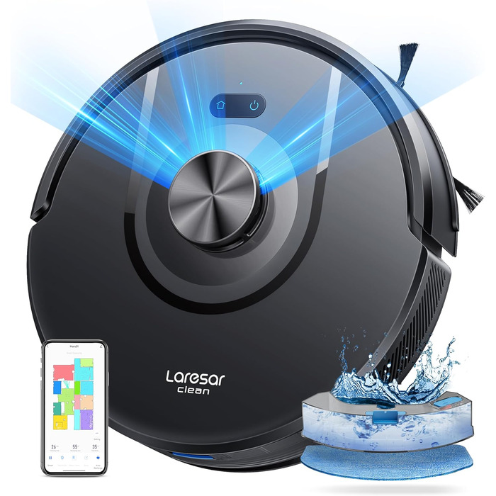 Робот-пилосос Laresar Clean 3-в-1 з функцією миття, 5000Pa, лазерна навігація, 180 хв, для тварин, килимів, твердих підлог, керування через додаток, 15 зон заборони (чорний)